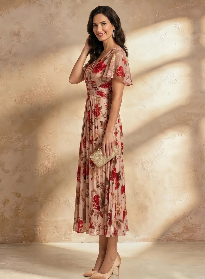 Red floral V-neck wedding guest dress, side view