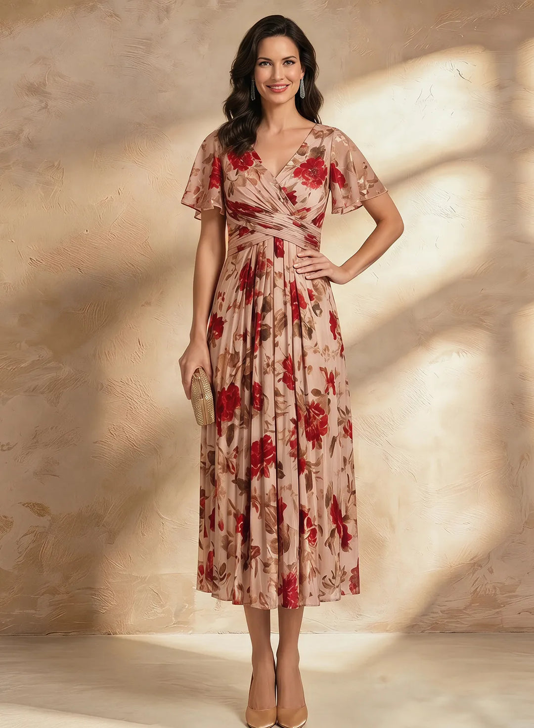Red floral V-neck midi dress for wedding guests, front view
