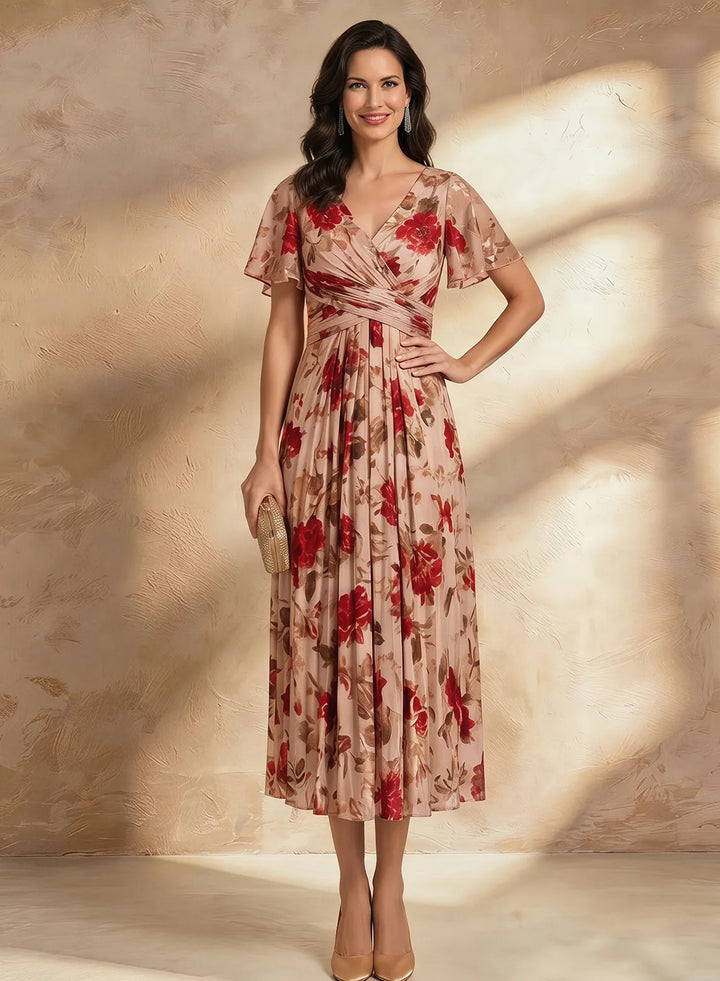 Red floral V-neck midi dress for wedding guests, front view