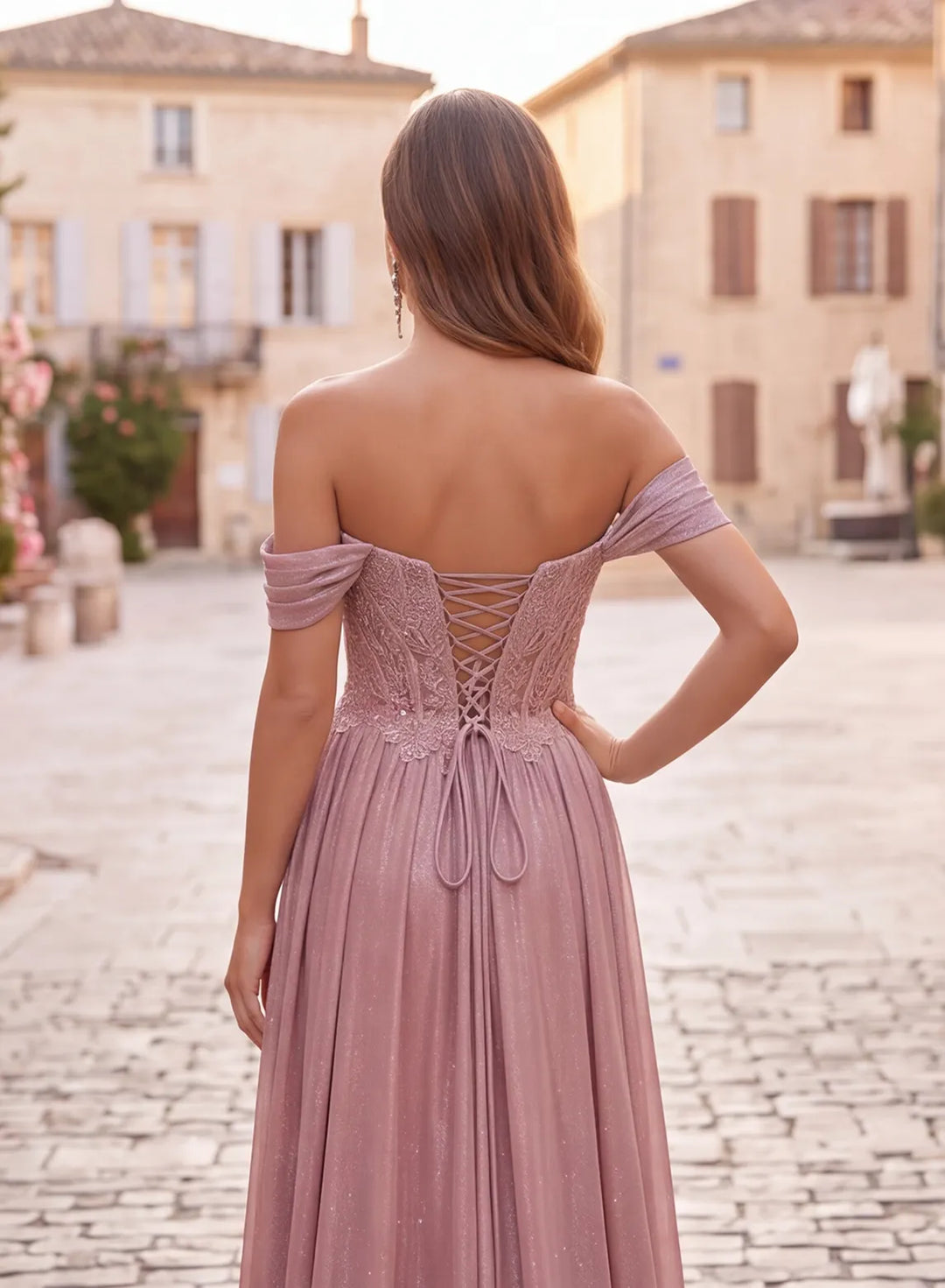 Rose metallic satin prom dress with lace-up back