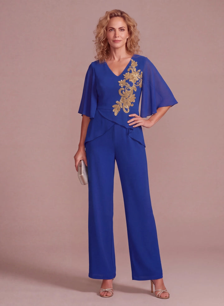 Royal blue chiffon pantsuit with gold floral embroidery and wide-leg pants, front view