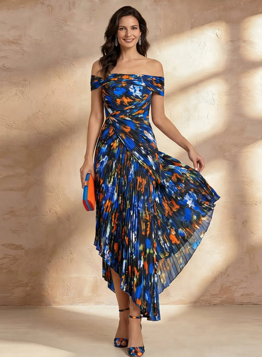 Elegant royal blue floral off shoulder mother of the bride dress with pleated chiffon midi skirt
