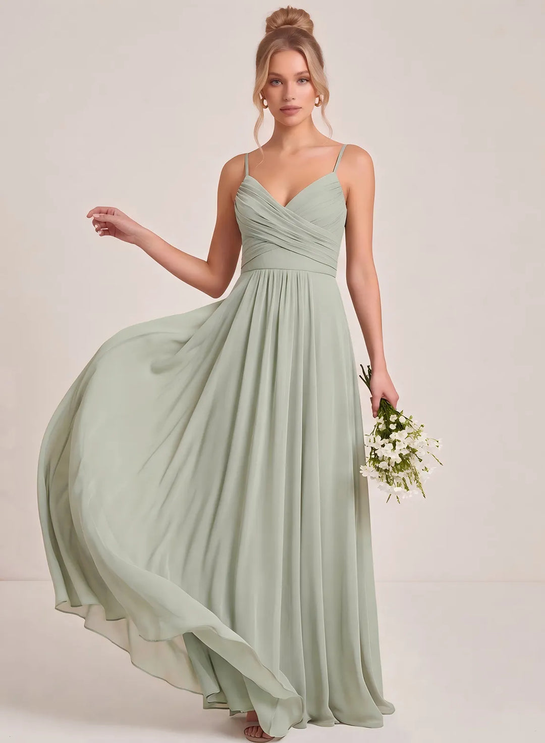 Sage green bridesmaid dress with flowing skirt, romantic wedding style gown