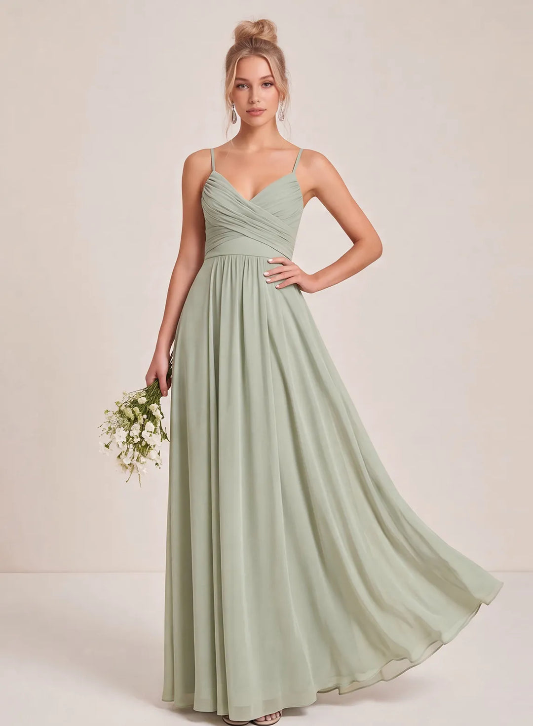 Sage green bridesmaid dress front view, elegant long wedding party gown