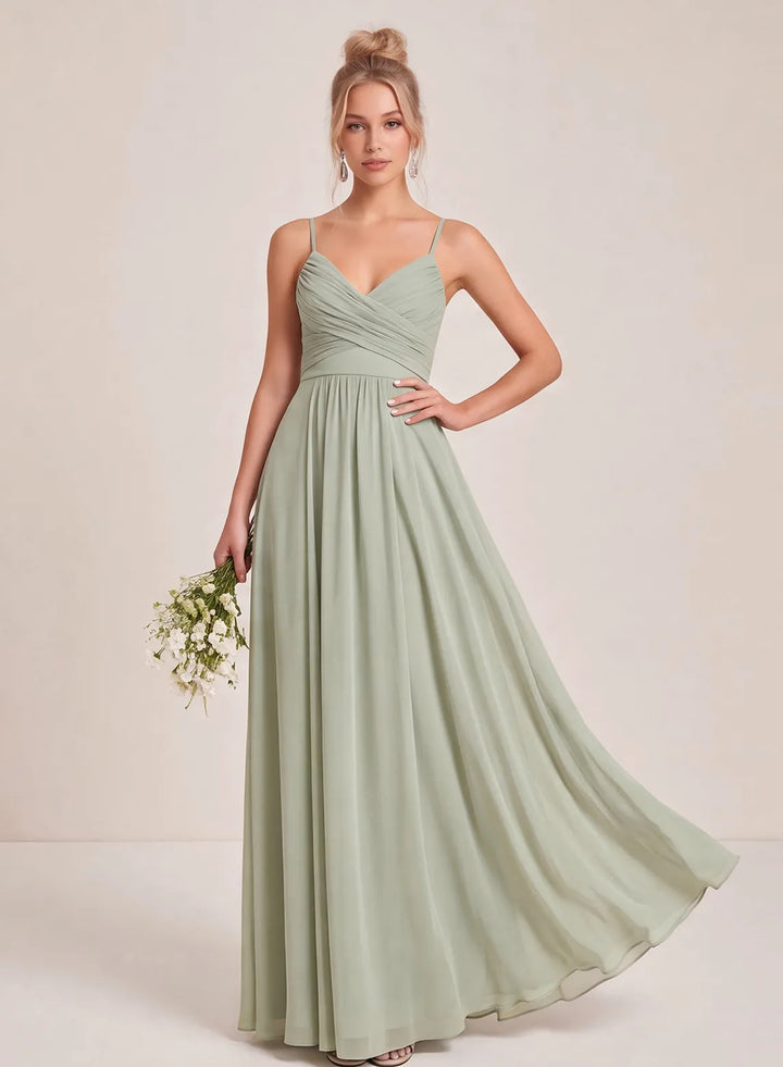 Sage green bridesmaid dress front view, elegant long wedding party gown