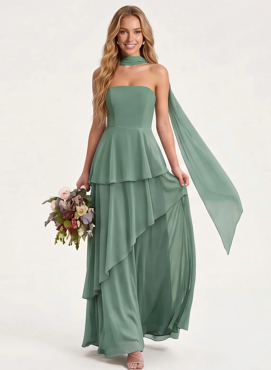 Sage green bridesmaid dress for garden wedding with elegant chiffon maxi skirt