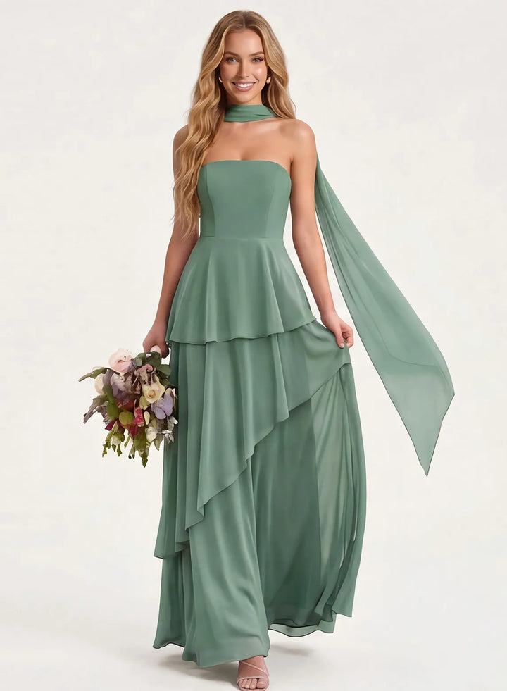 Sage green bridesmaid dress for garden wedding with elegant chiffon maxi skirt