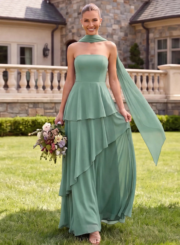 Sage green bridesmaid dress for garden wedding with elegant chiffon maxi skirt