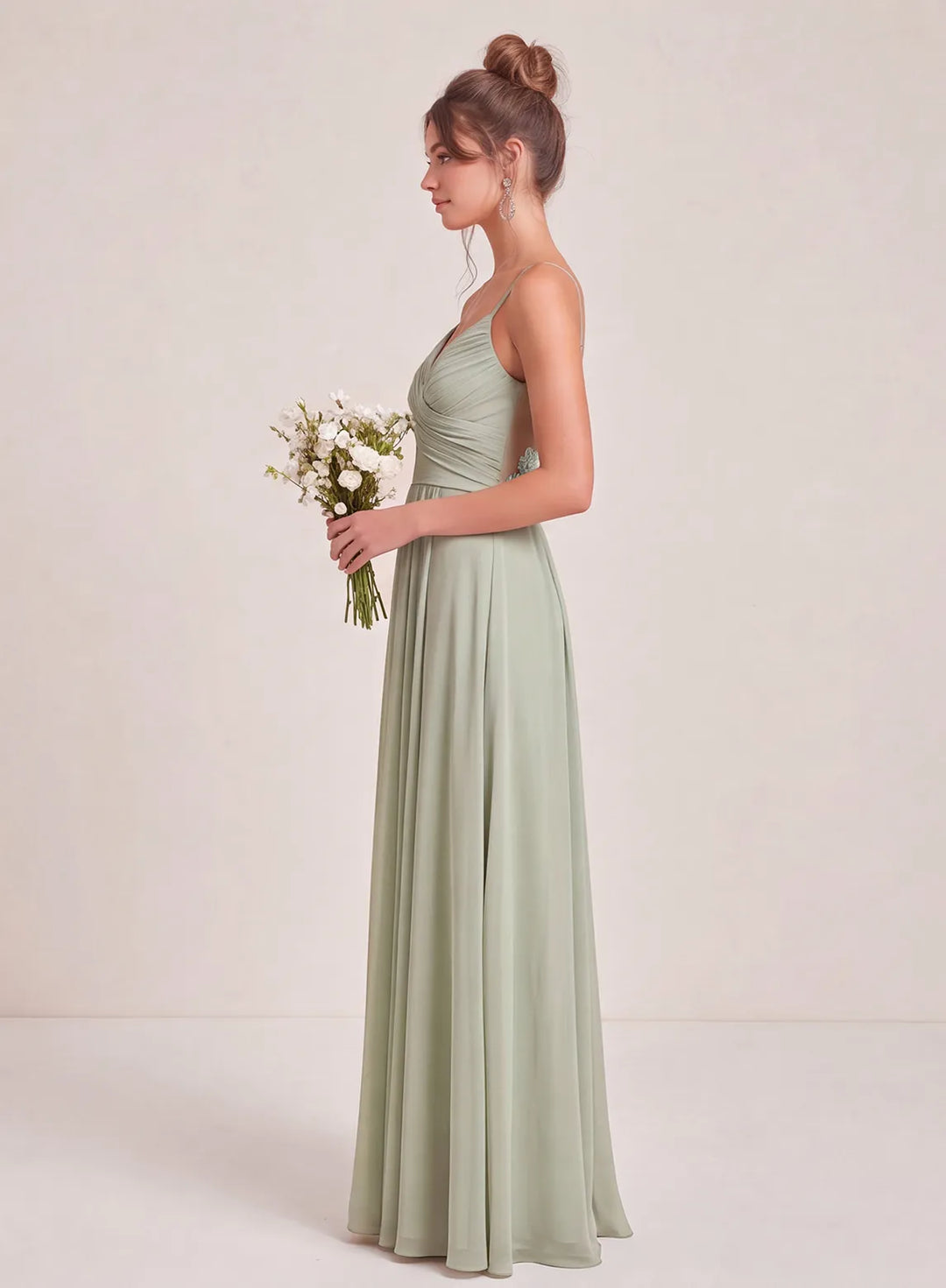Sage green bridesmaid dress side view, elegant formal wedding dress