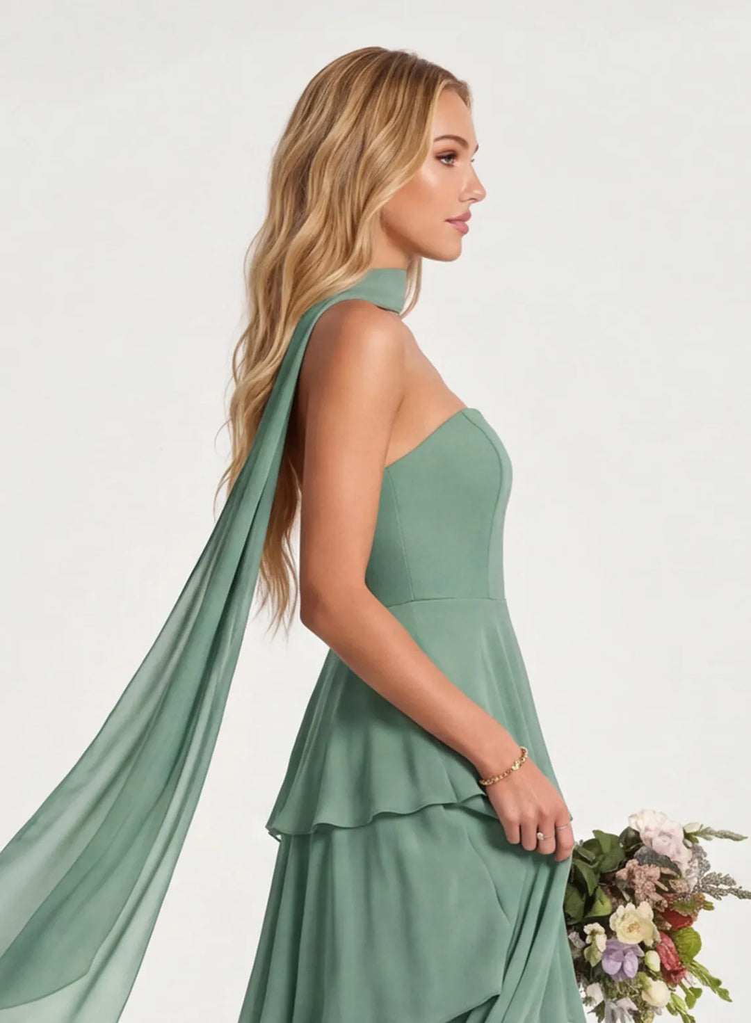 Sage green bridesmaid dress side view with flowing chiffon silhouette