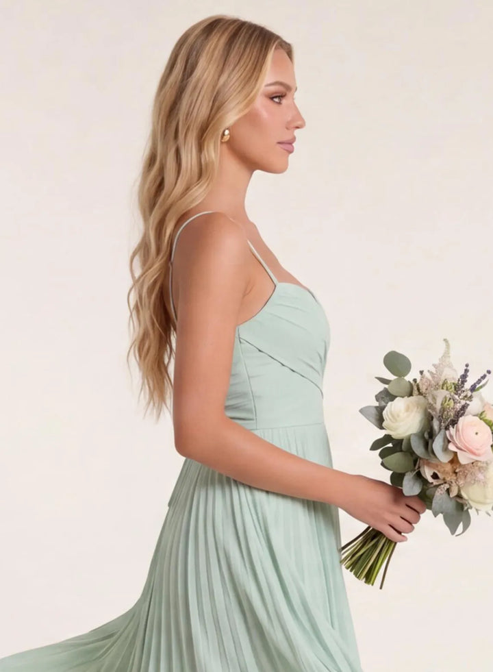 Sage green chiffon A-line bridesmaid dress side view with pleated skirt