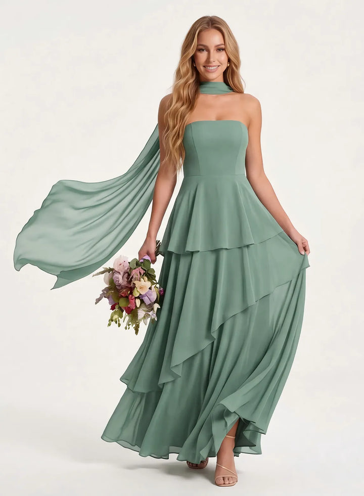 Sage green chiffon bridesmaid dress with flowing scarf detail and layered skirt front view