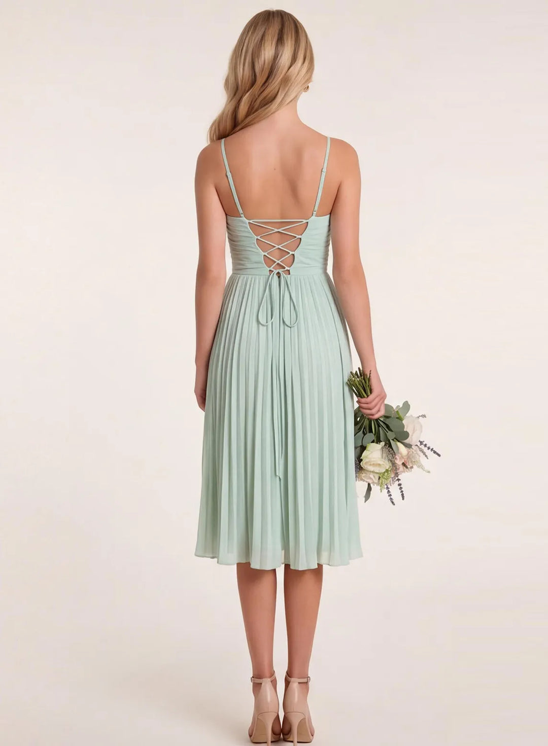 Sage green chiffon bridesmaid dress with lace-up back