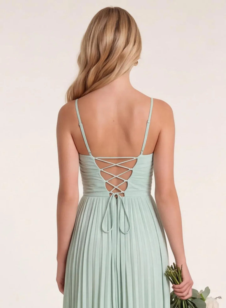 Sage green chiffon bridesmaid dress back detail with adjustable lace-up straps