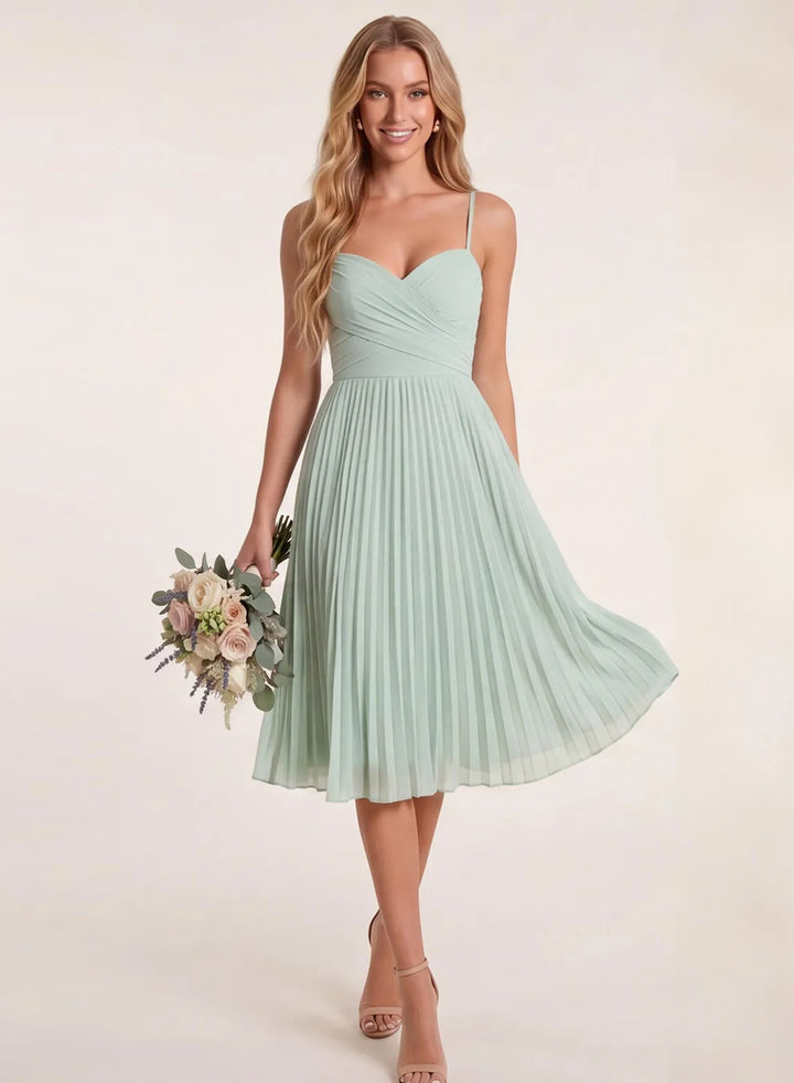 Sage green chiffon pleated bridesmaid dress with sweetheart neckline front view