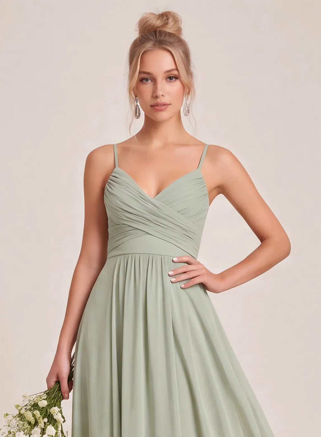 Sage green bridesmaid dress neckline detail with feminine elegant design