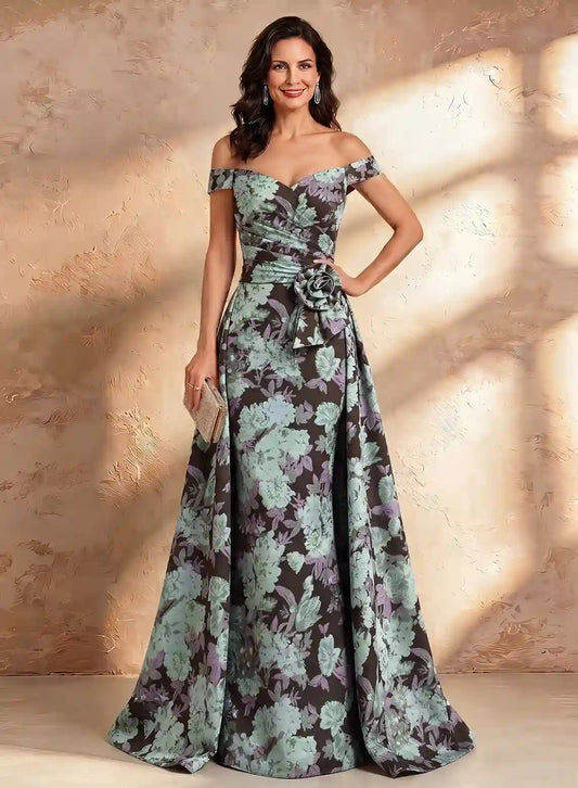 Sage green floral mother of the bride maxi dress with off shoulder neckline for weddings and formal events