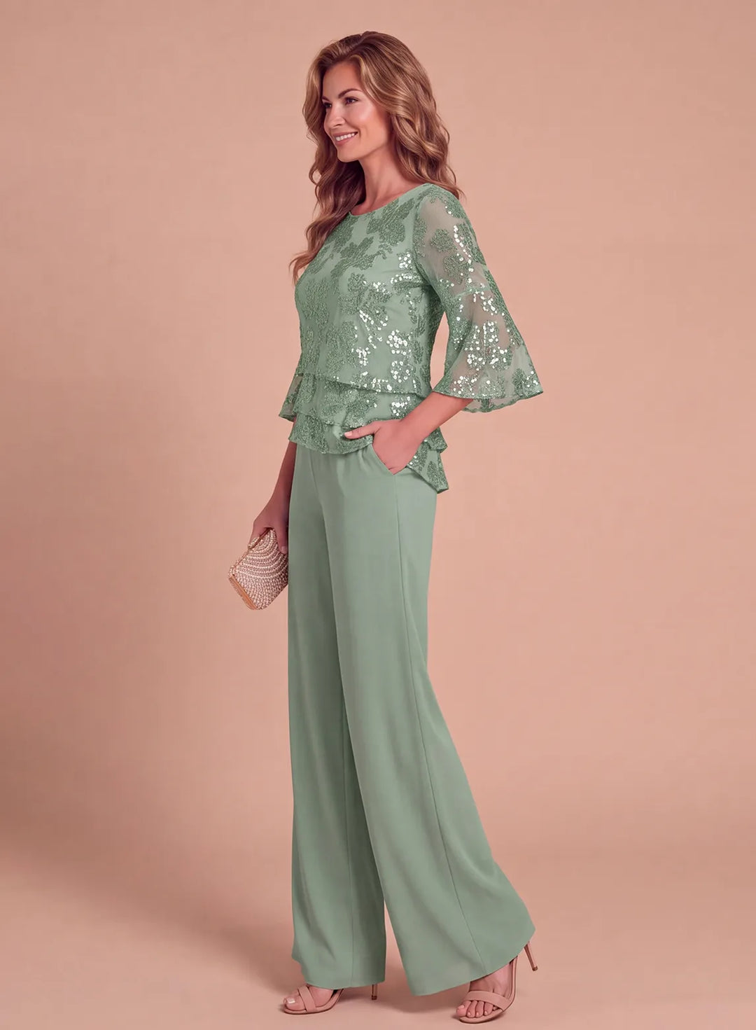 Sage green layered ruffle sequin pantsuit showing the elegant side silhouette and wide-leg trousers