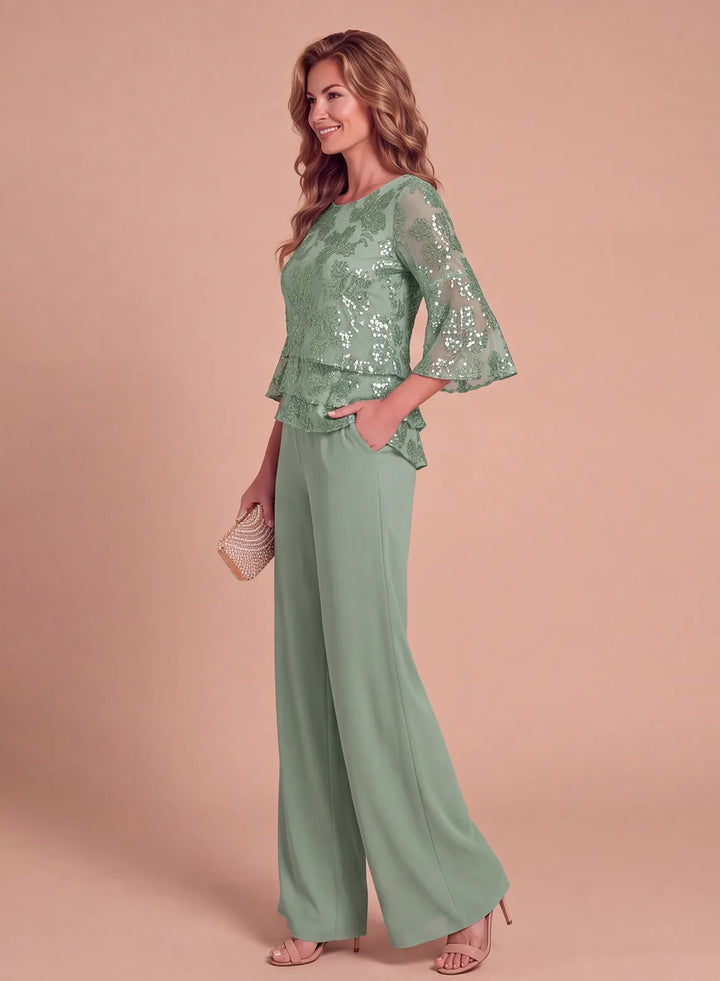 Sage green layered ruffle sequin pantsuit showing the elegant side silhouette and wide-leg trousers