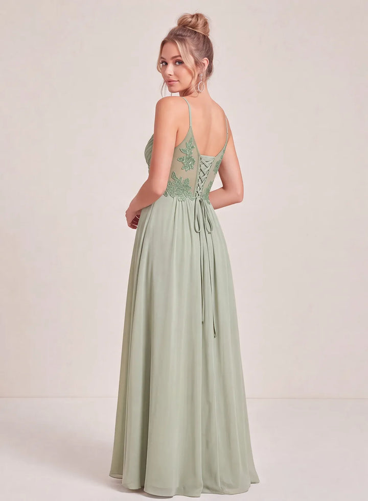 Sage green long bridesmaid gown with elegant floor length silhouette