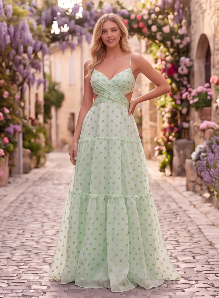 Sage green polka dot organza prom dress front view