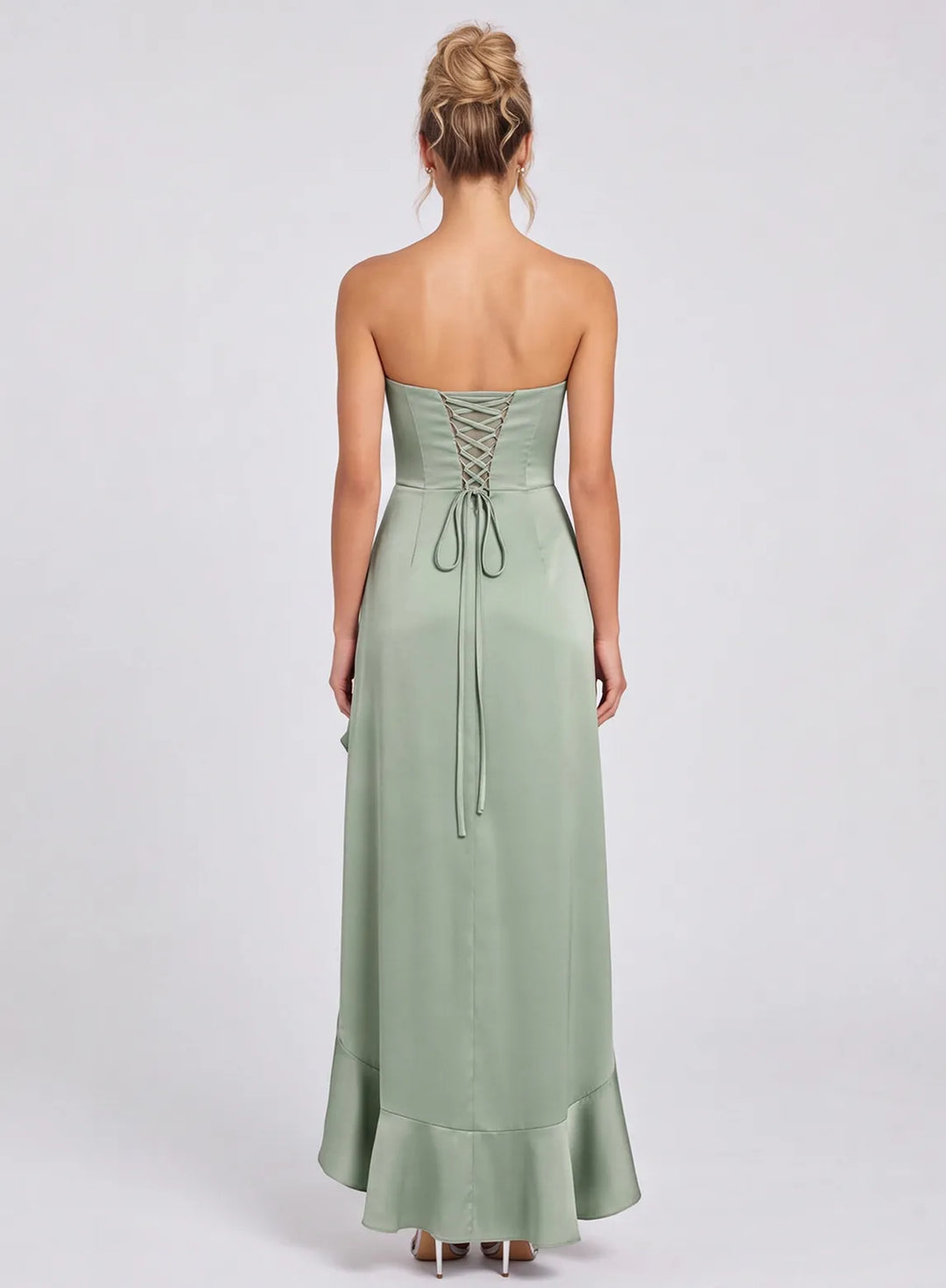 Back view of sage green satin strapless bridesmaid dress