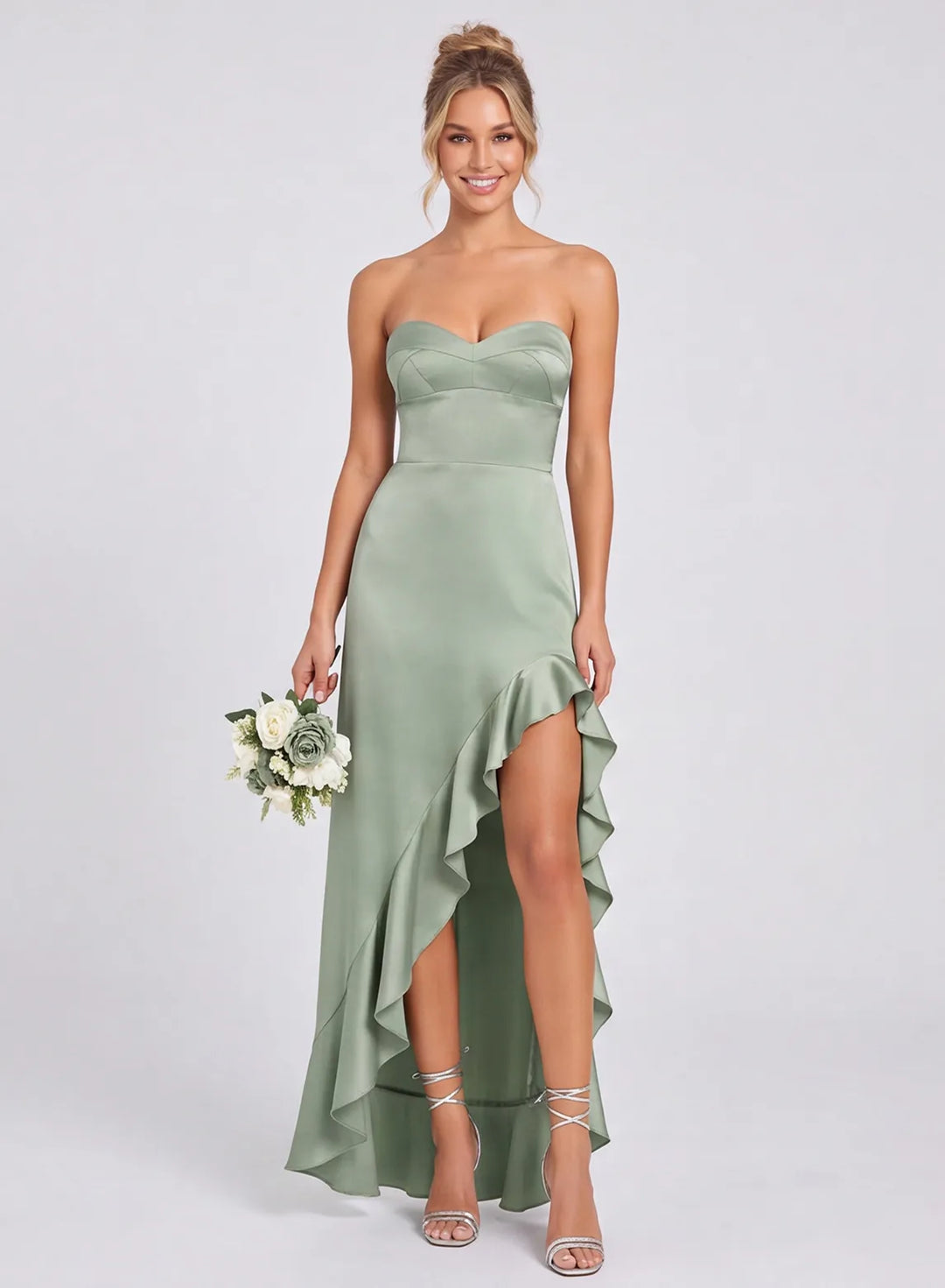 Sage green satin strapless ruffle bridesmaid dress front view