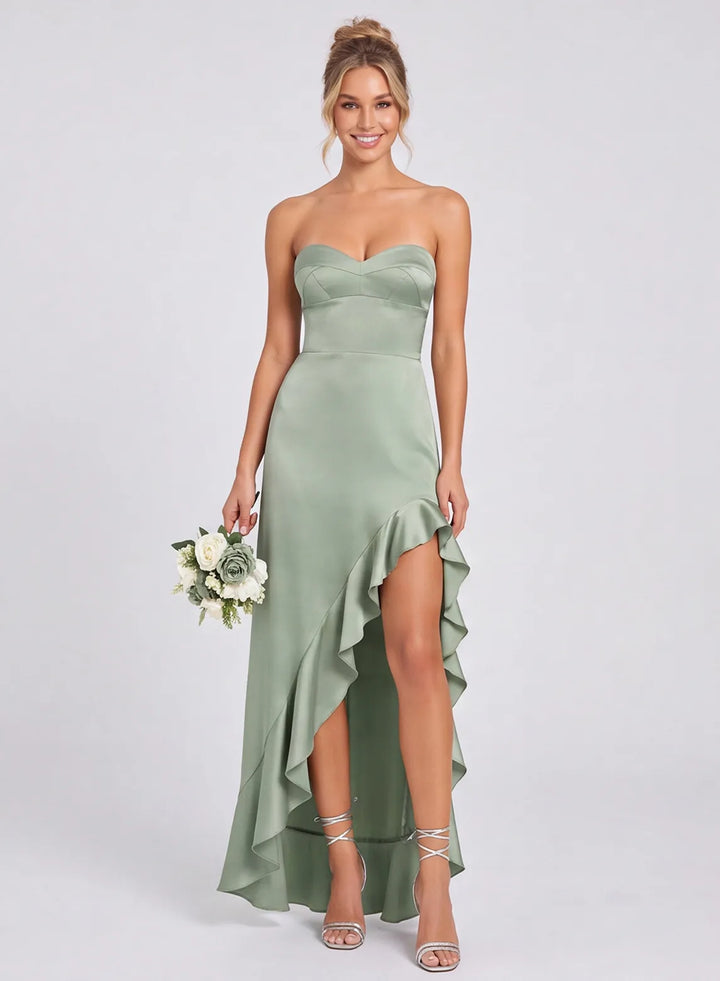 Sage green satin strapless ruffle bridesmaid dress front view