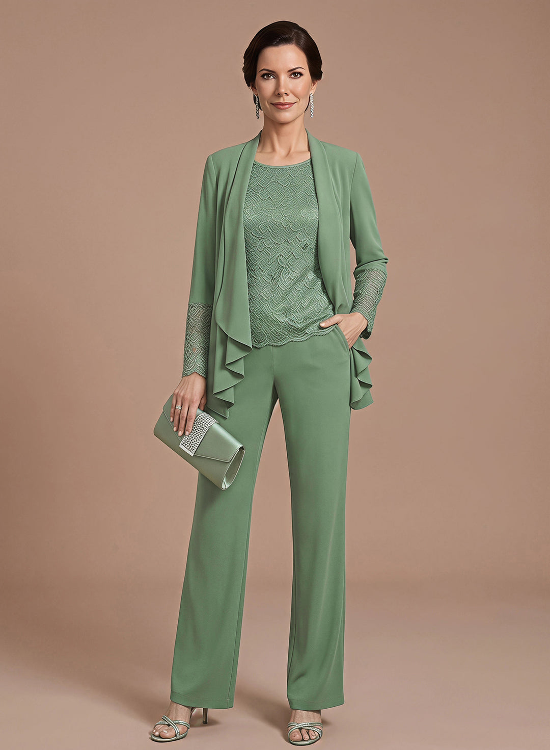 Sage green three-piece pantsuit for women with a long sleeve top, vest and wide-leg pants