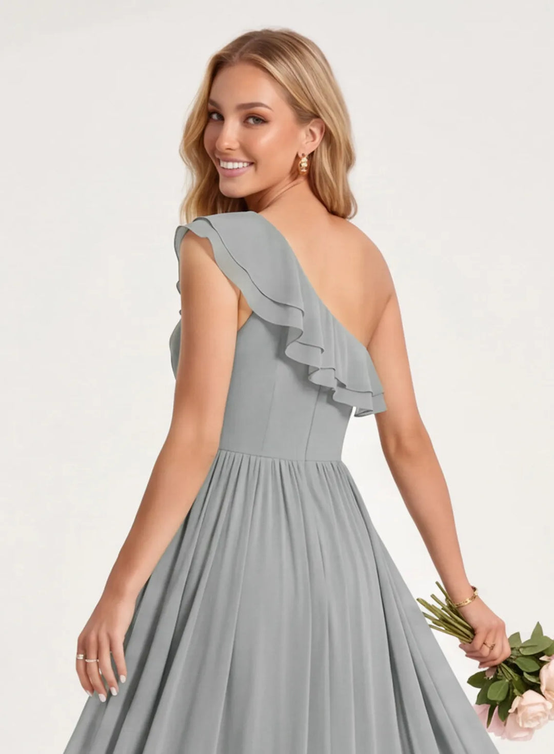 Back view of a silver chiffon bridesmaid dress with a floor length skirt