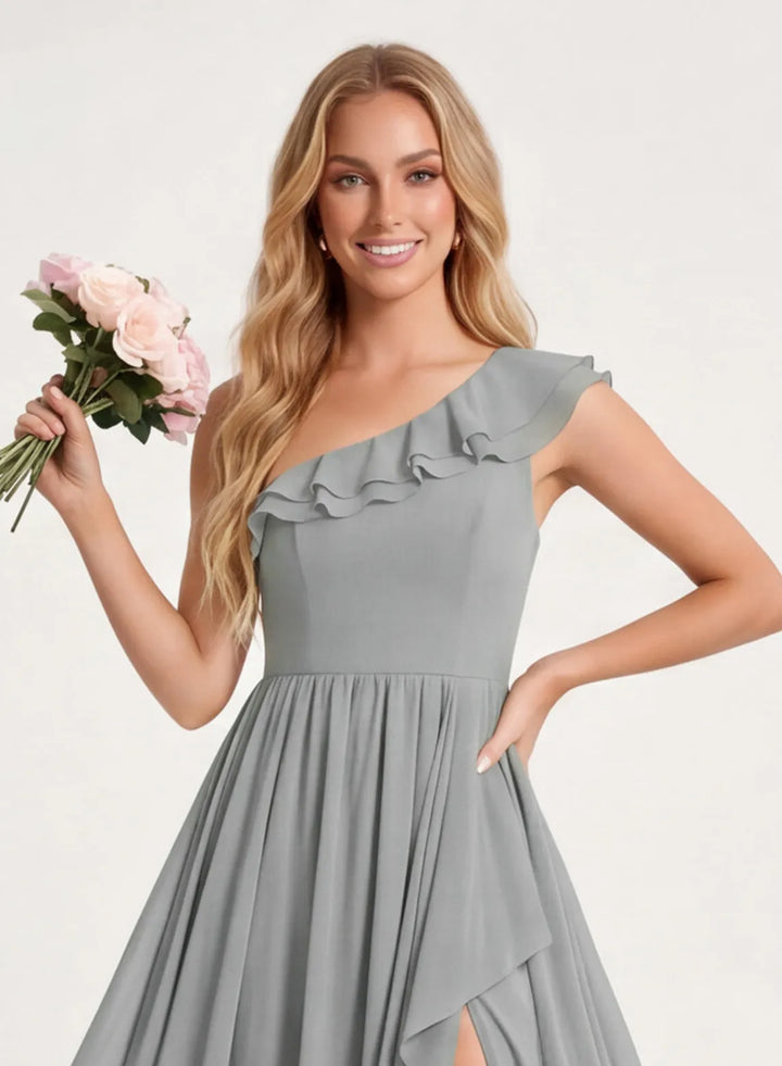 Silver chiffon bridesmaid dress with fitted bodice and elegant shoulder detail