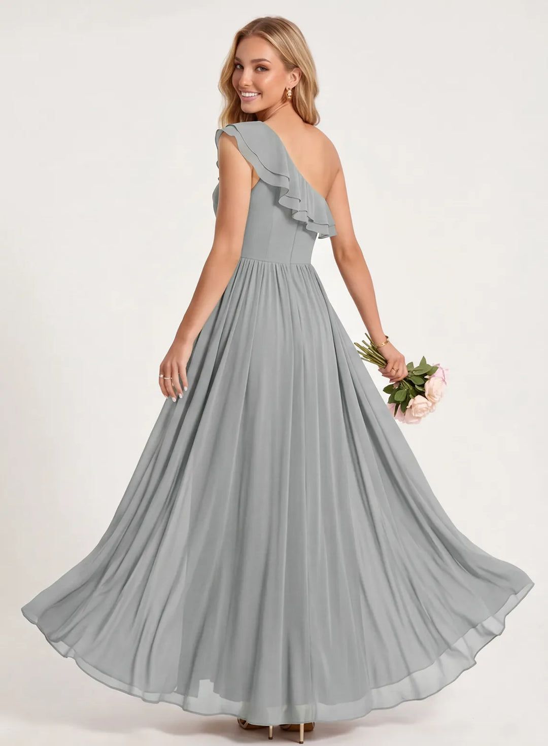 Full length silver chiffon bridesmaid dress with elegant flowing skirt
