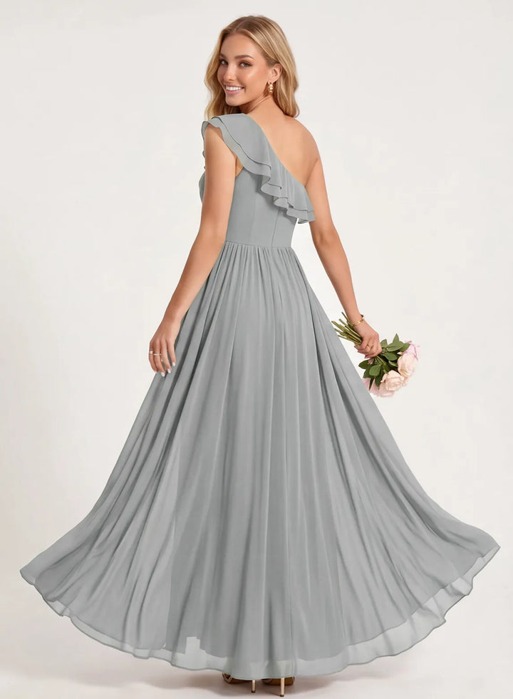 Full length silver chiffon bridesmaid dress with elegant flowing skirt