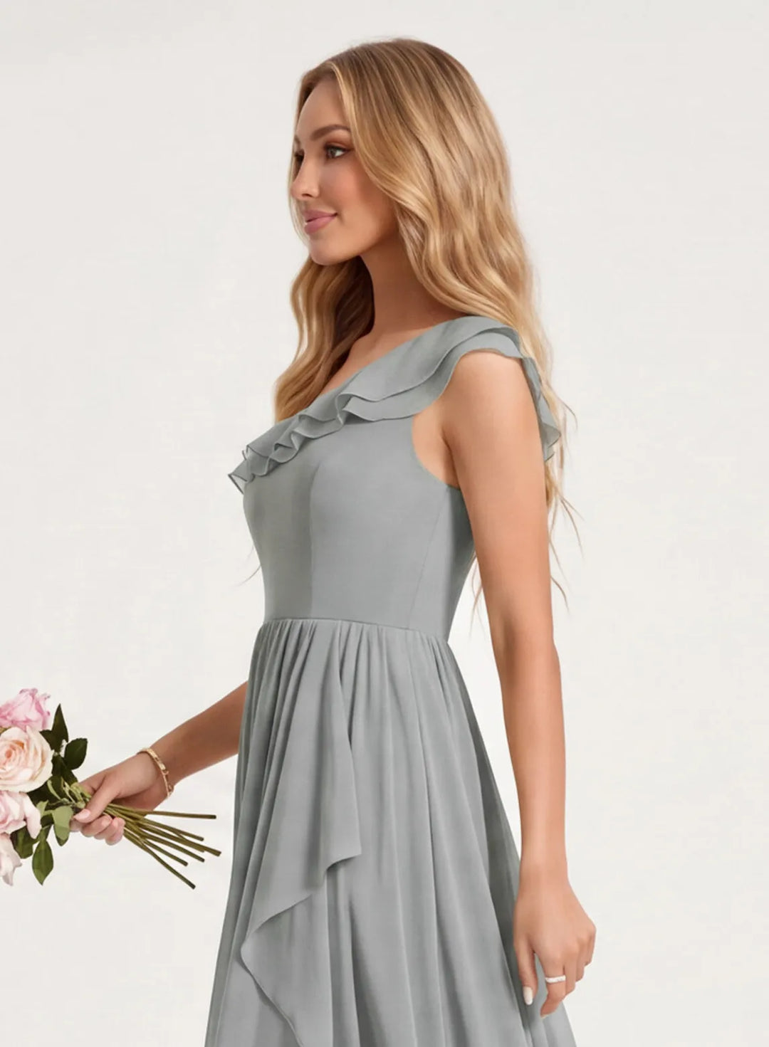 Model wearing a silver chiffon bridesmaid dress for a wedding