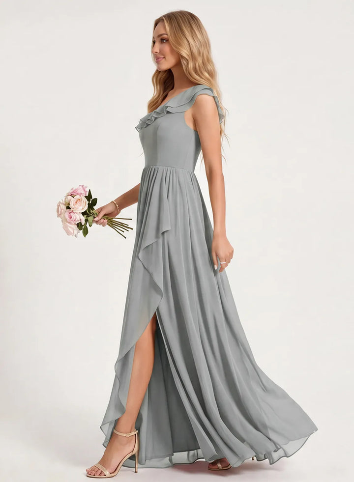 Side view of a silver chiffon bridesmaid dress with a graceful flowing silhouette