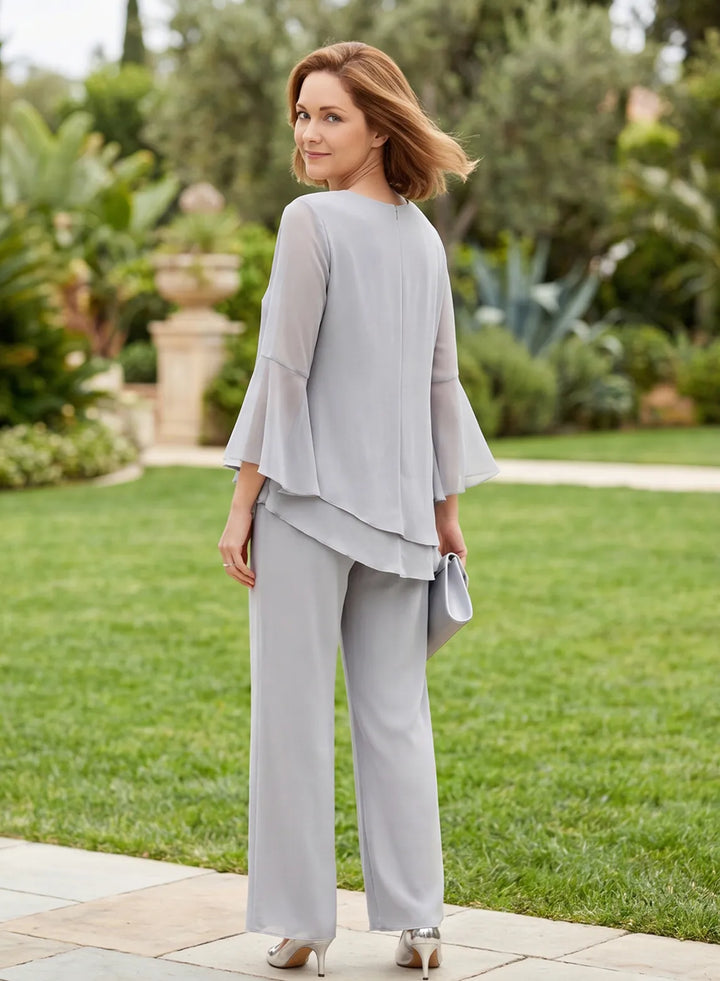 Silver gray formal wedding pants set with elegant long sleeves and wide-leg pants
