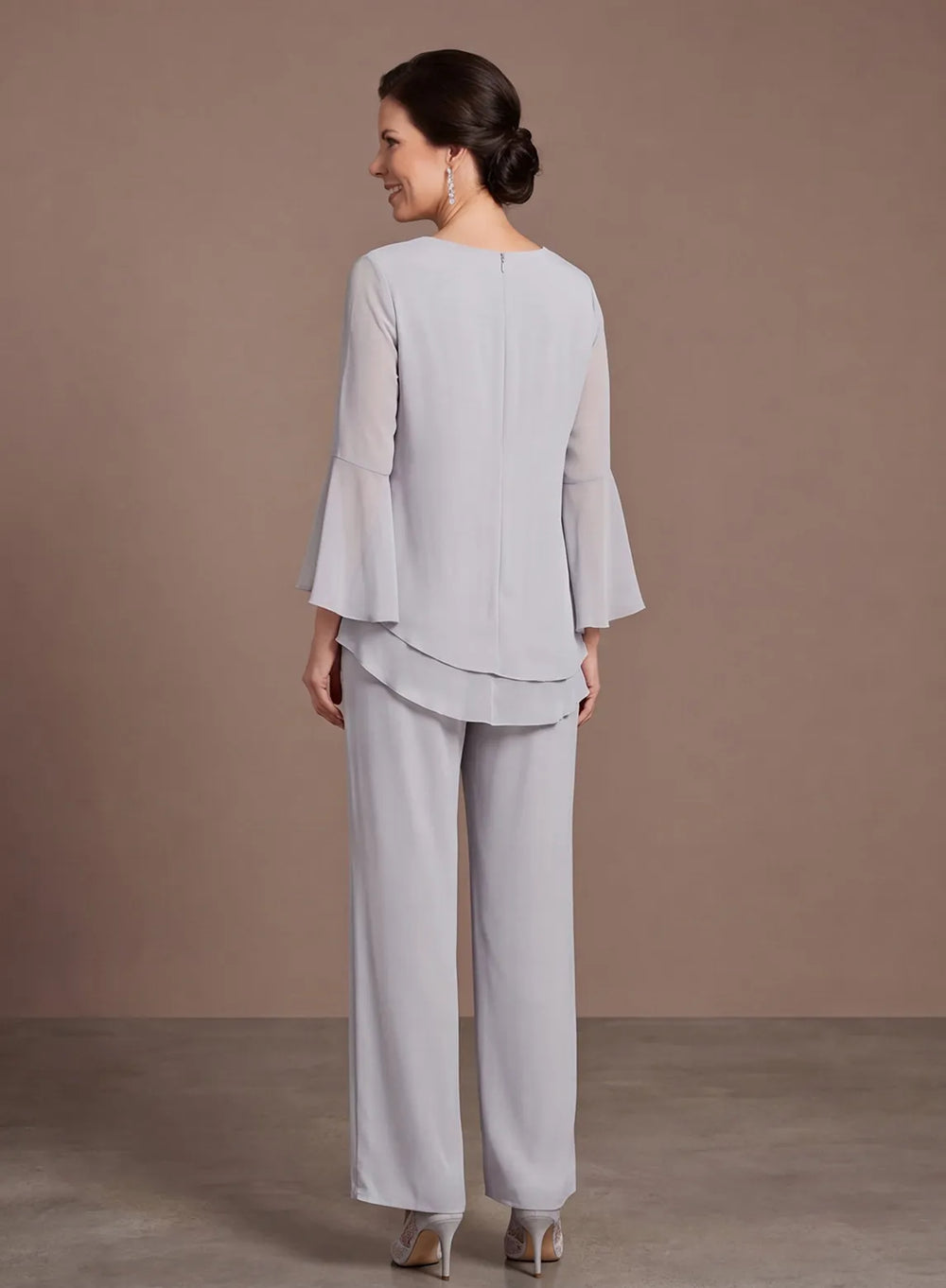 Silver gray mother of the bride pants set with layered hem back view