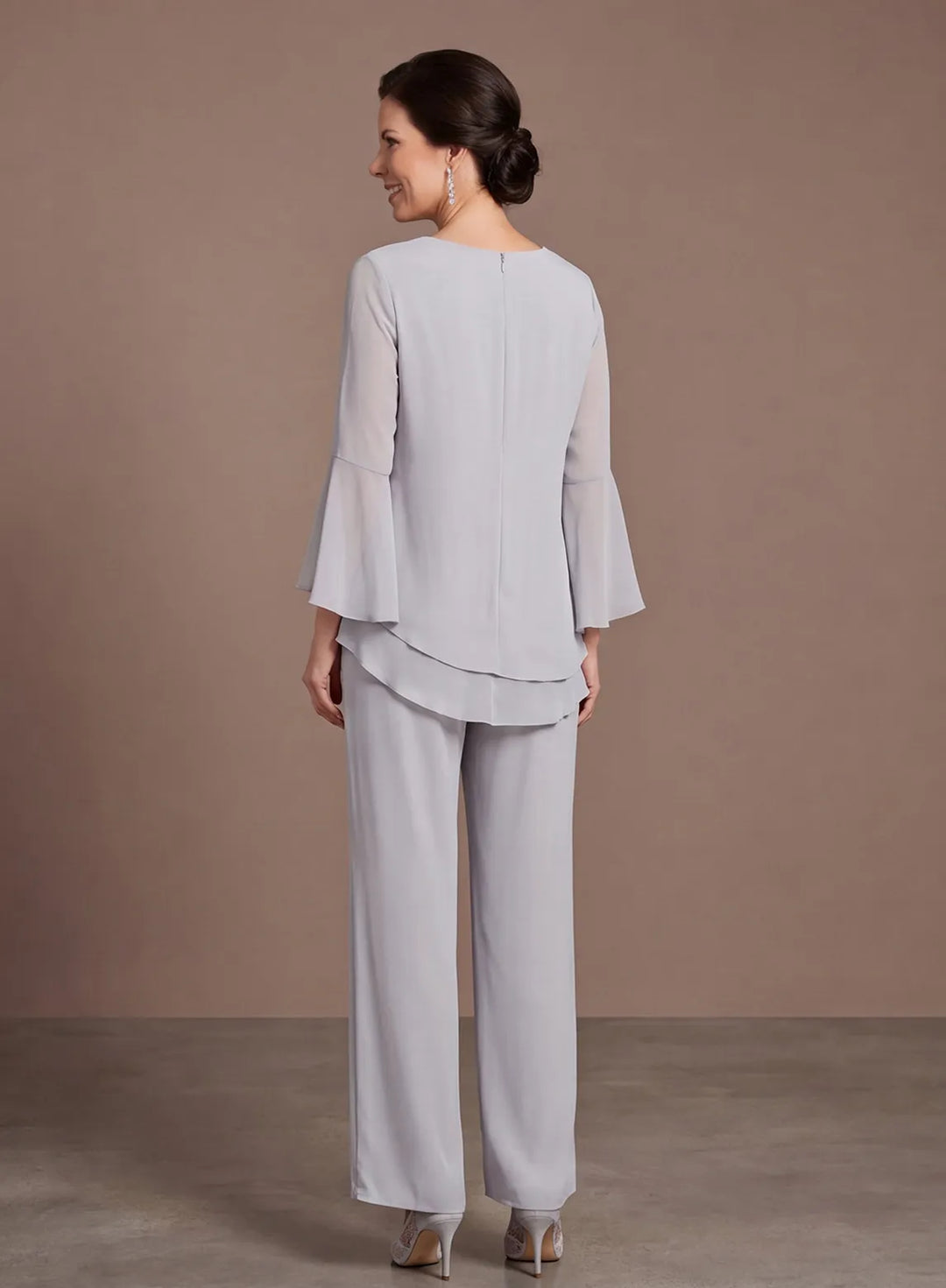 Silver gray mother of the bride pants set with layered hem back view