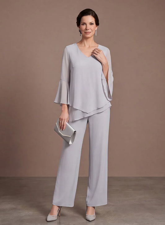 Silver gray mother of the bride pants set with V-neck and flare sleeves front view
