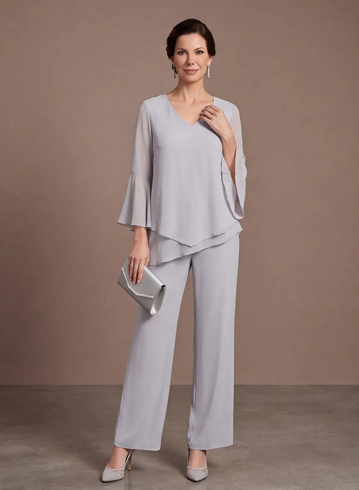 Silver gray mother of the bride pants set with V-neck and flare sleeves front view