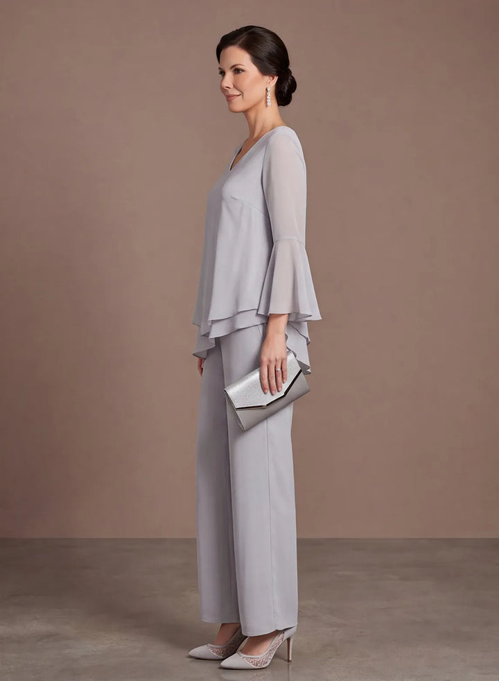 Side view of silver gray two-piece pants set with wide-leg pants and flare sleeves