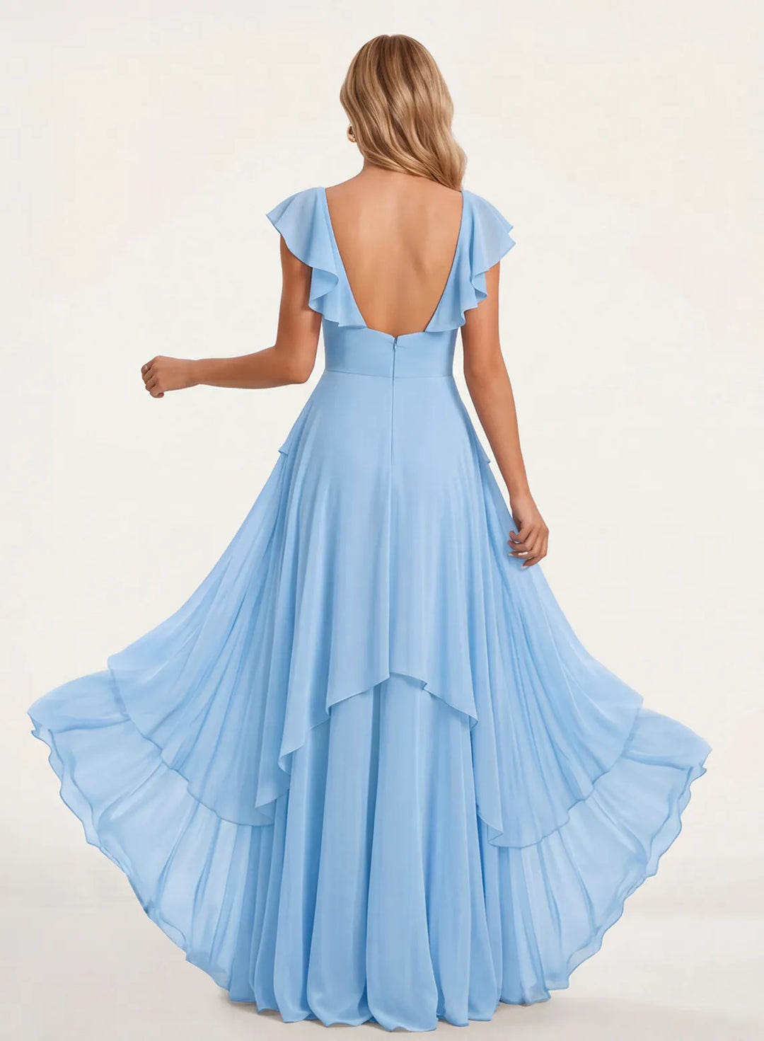 Back view of elegant sky blue A-line bridesmaid dress with full length silhouette