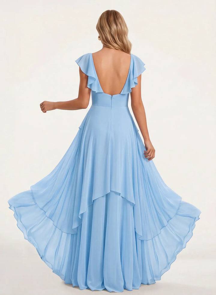 Back view of elegant sky blue A-line bridesmaid dress with full length silhouette