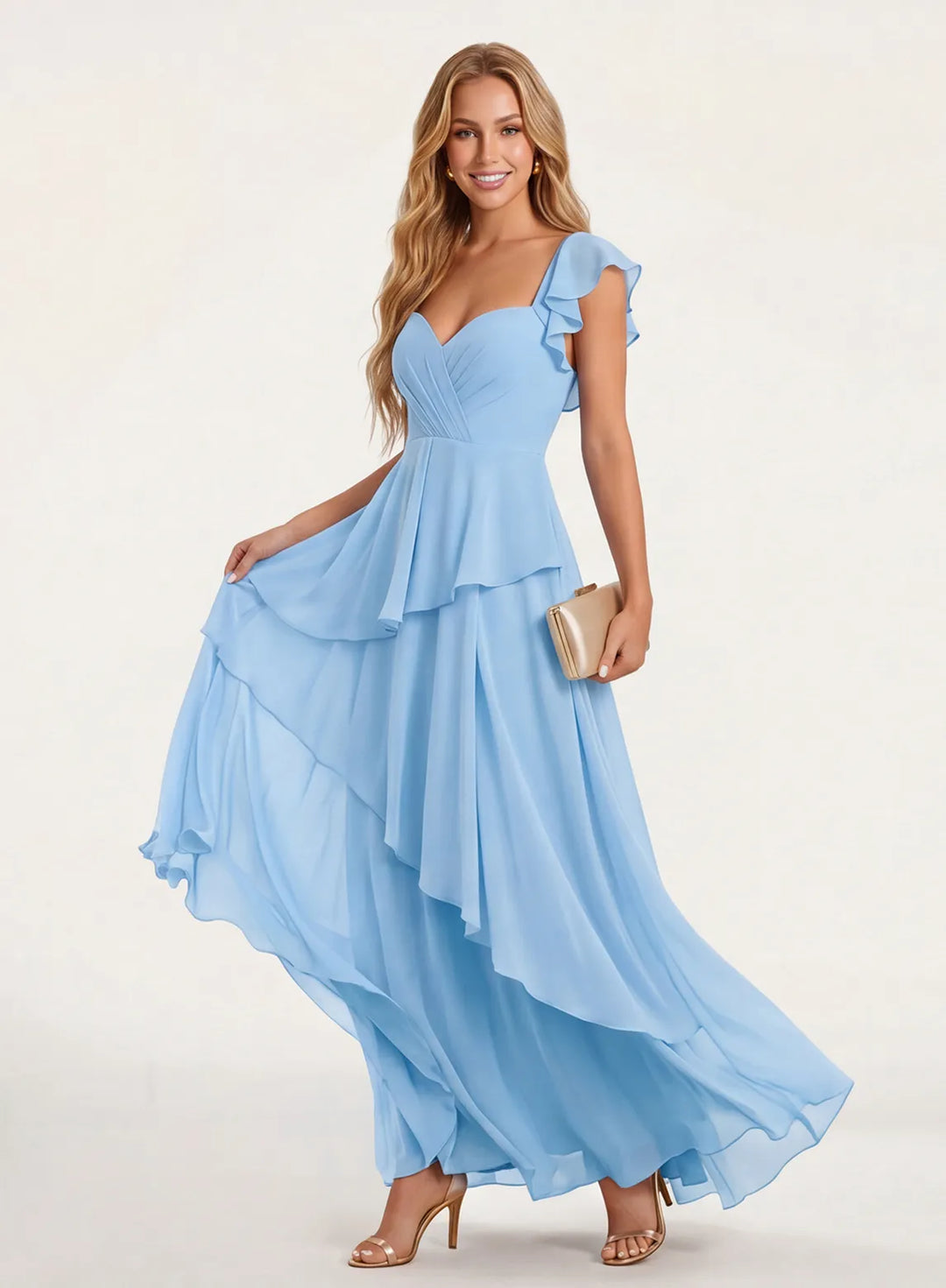 Sky blue chiffon bridesmaid dress with flowing floor length skirt for wedding party