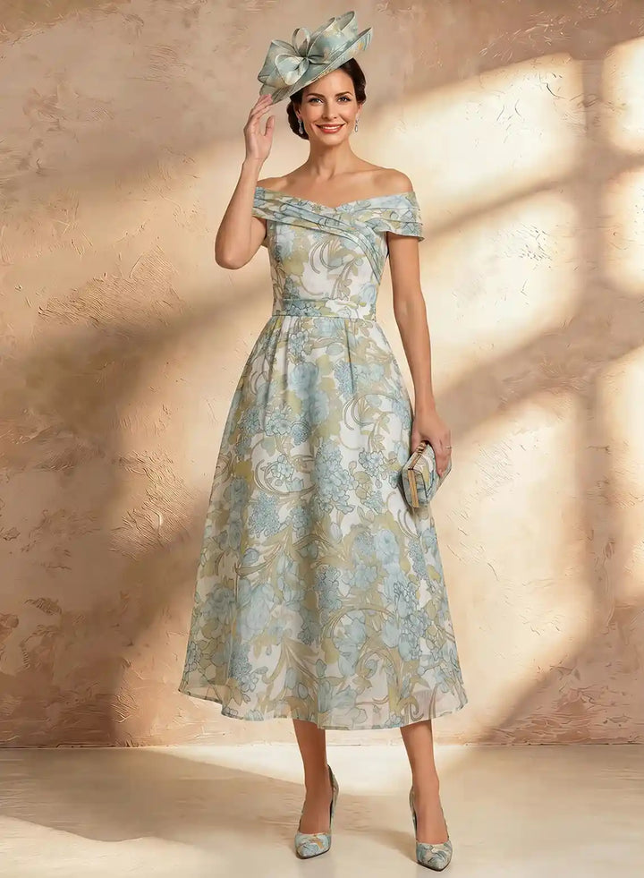 Sky blue floral mother of the bride midi dress with elegant off shoulder A-line silhouette