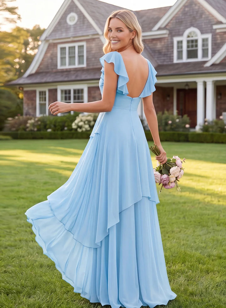 Elegant sky blue bridesmaid dress with flowing skirt for wedding party photos