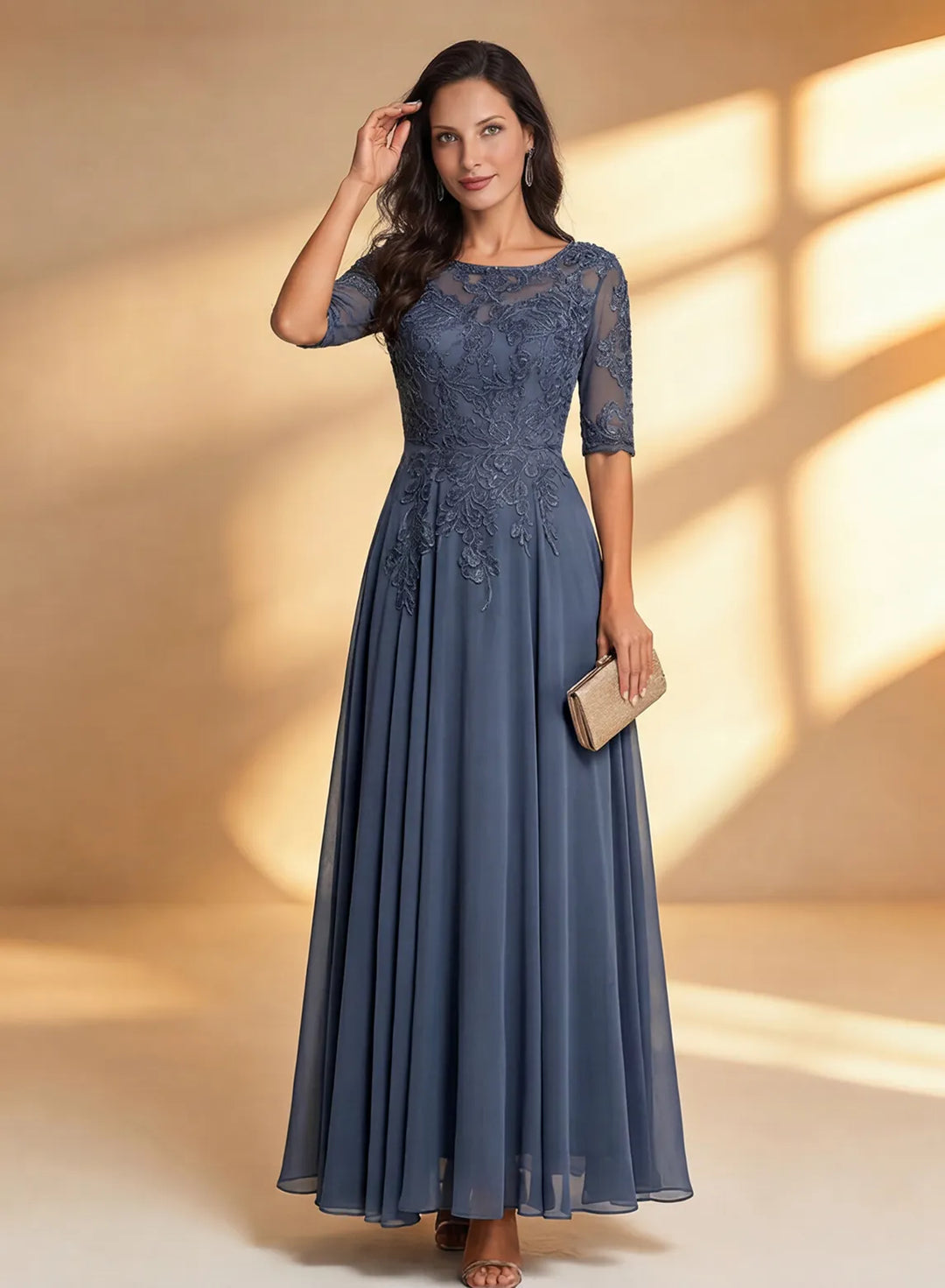 Elegant stormy lace mother of the bride midi dress with sheer sleeves for wedding guests