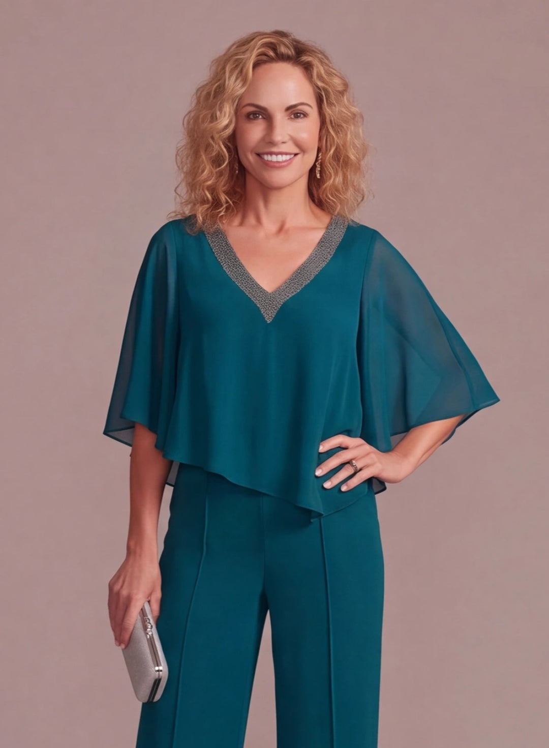 Teal beaded V neck cape top detail for elegant wedding outfit