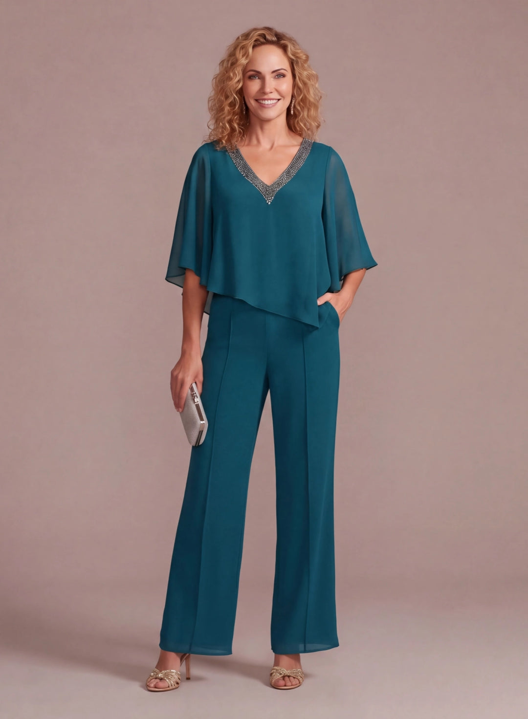 Teal cape pantsuit for mother of the bride with wide leg pants
