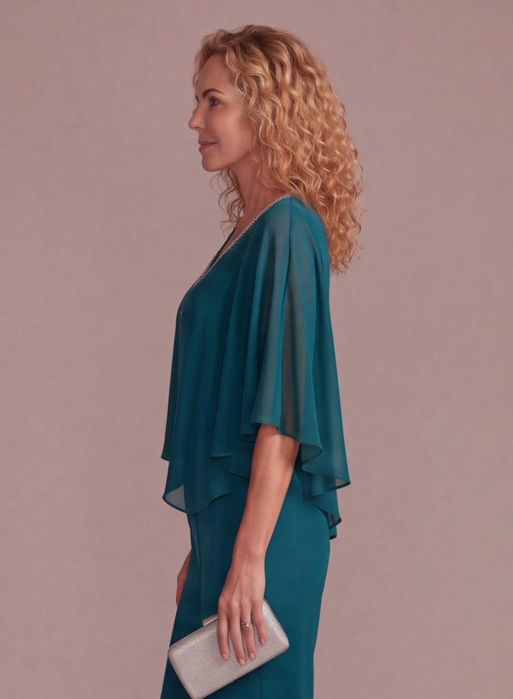 Elegant teal cape sleeve pantsuit for mother of the bride and wedding guests